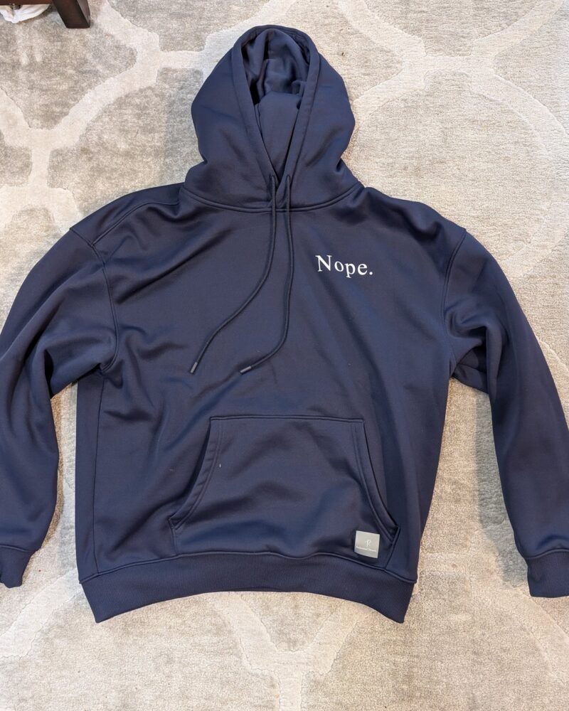 "Nope." hoodie in navy, front